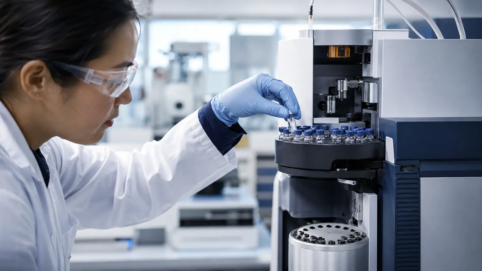 Analytical chemist handling a sample vial at an autosampler