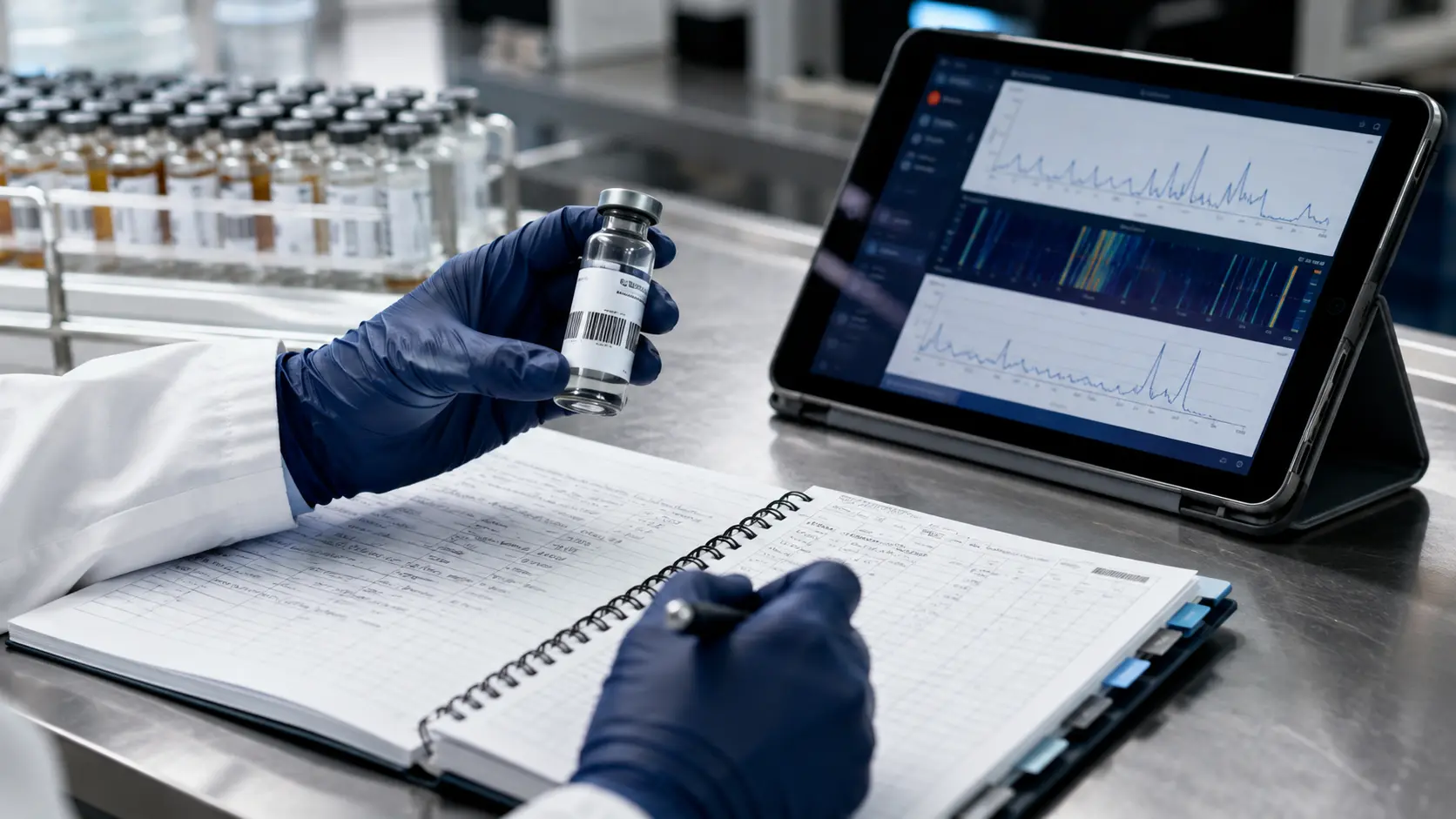 Laboratory professional verifying a traceable sample against controlled records