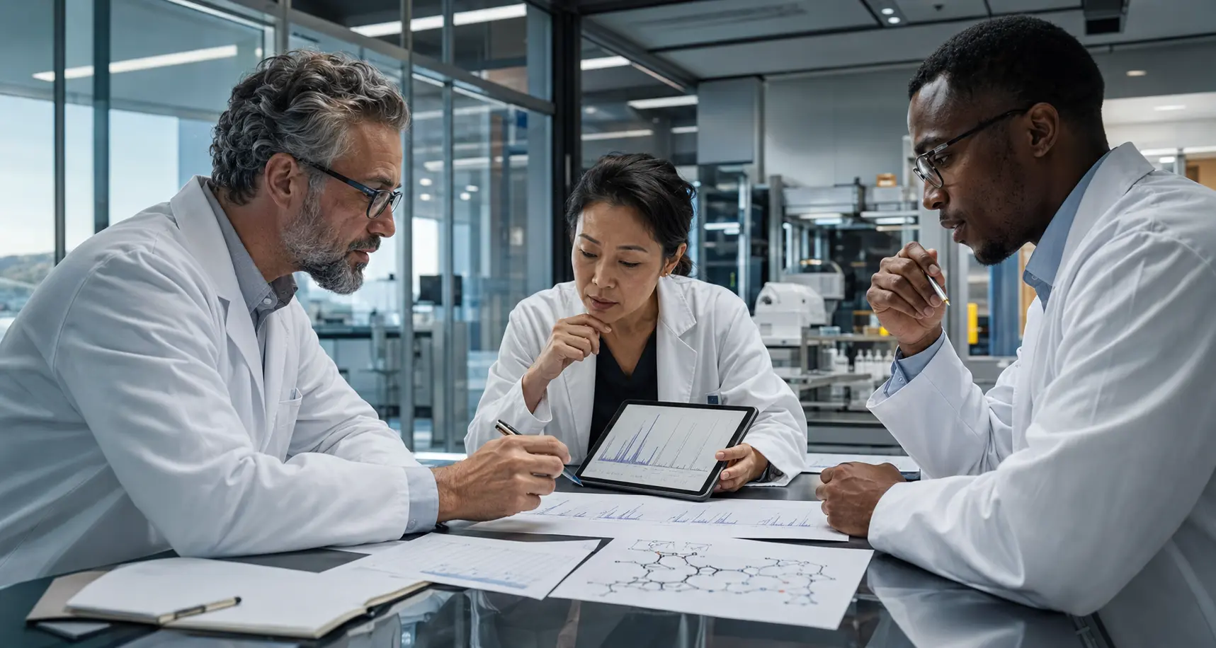 Scientists reviewing analytical results and molecular data
