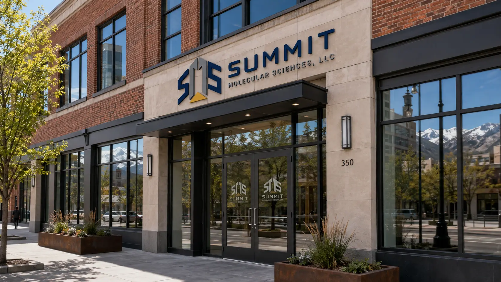 Architectural visualization of the Summit Molecular Sciences administration office frontage in Salt Lake City with branded building signage and entrance doors